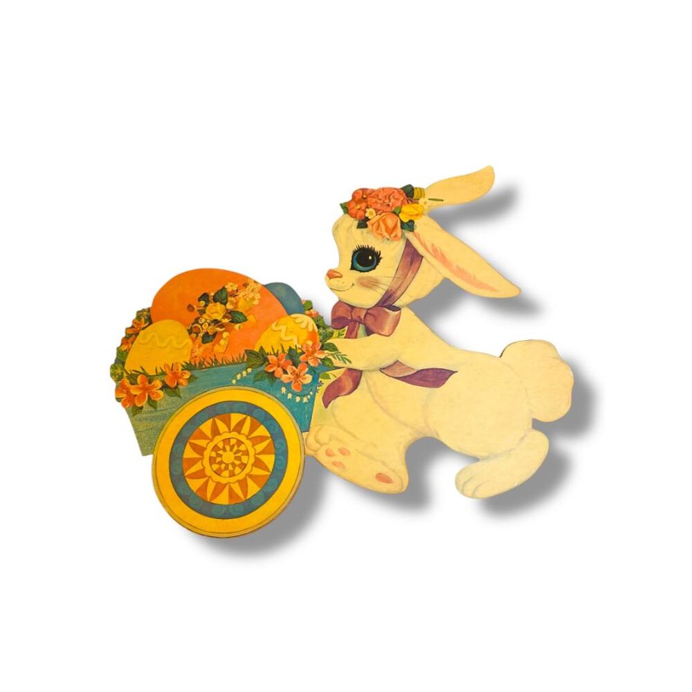 Vintage Bunny Rabbit Pushing Wheelbarrow 16" Diecut Cute Easter